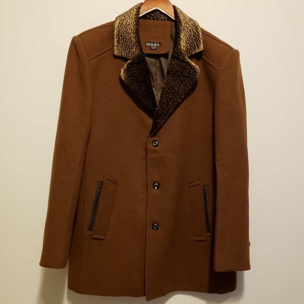 Wool Faux Persian Fur Single Breasted Mens Pea Coat NWOT